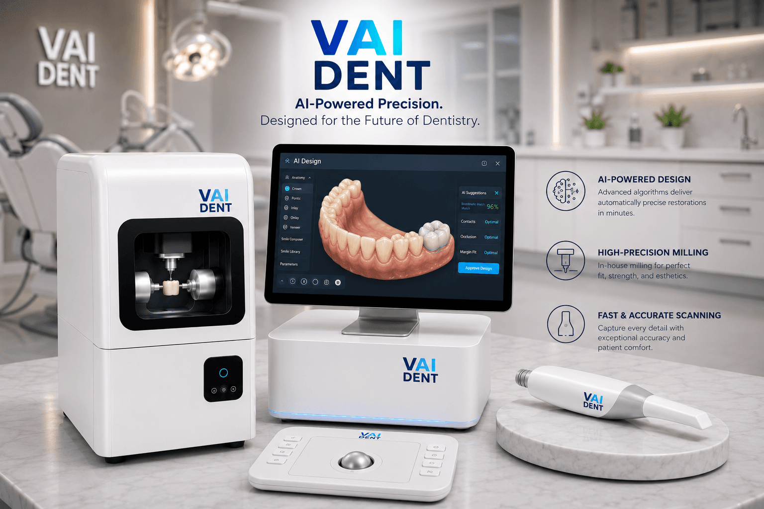 The VAIDentX system — intraoral scanner, design station, and milling unit